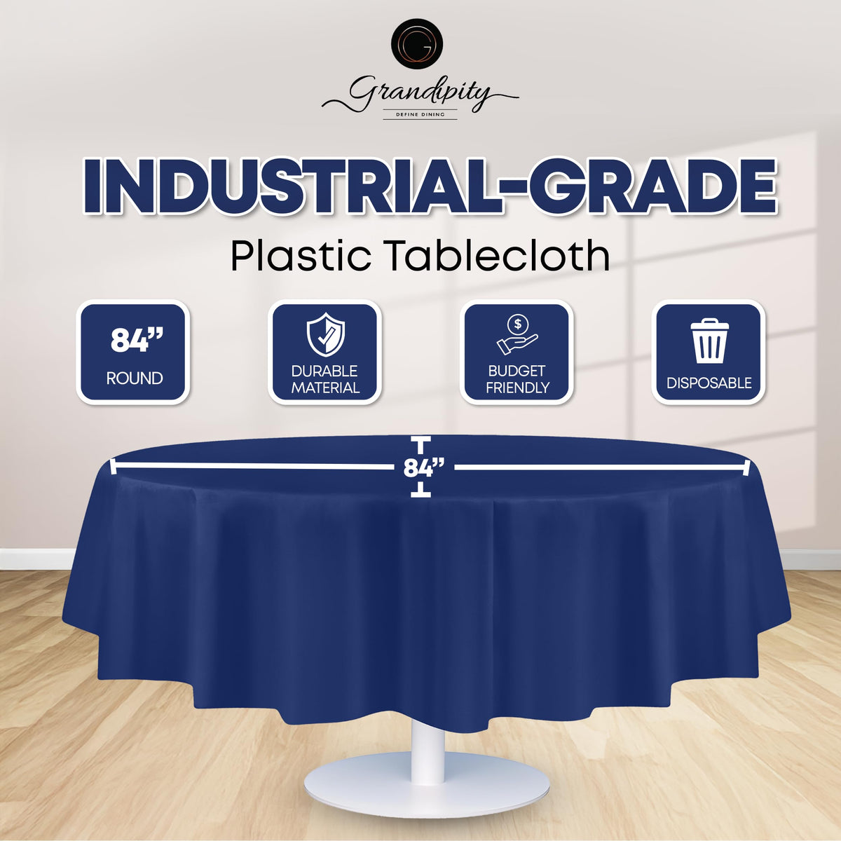 Grandipity navy blue disposable round tablecloth suitable for indoor or outdoor gatherings.