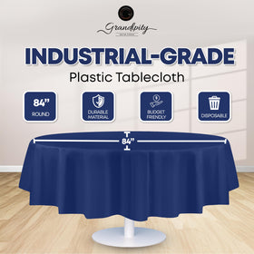 Grandipity navy blue disposable round tablecloth suitable for indoor or outdoor gatherings.