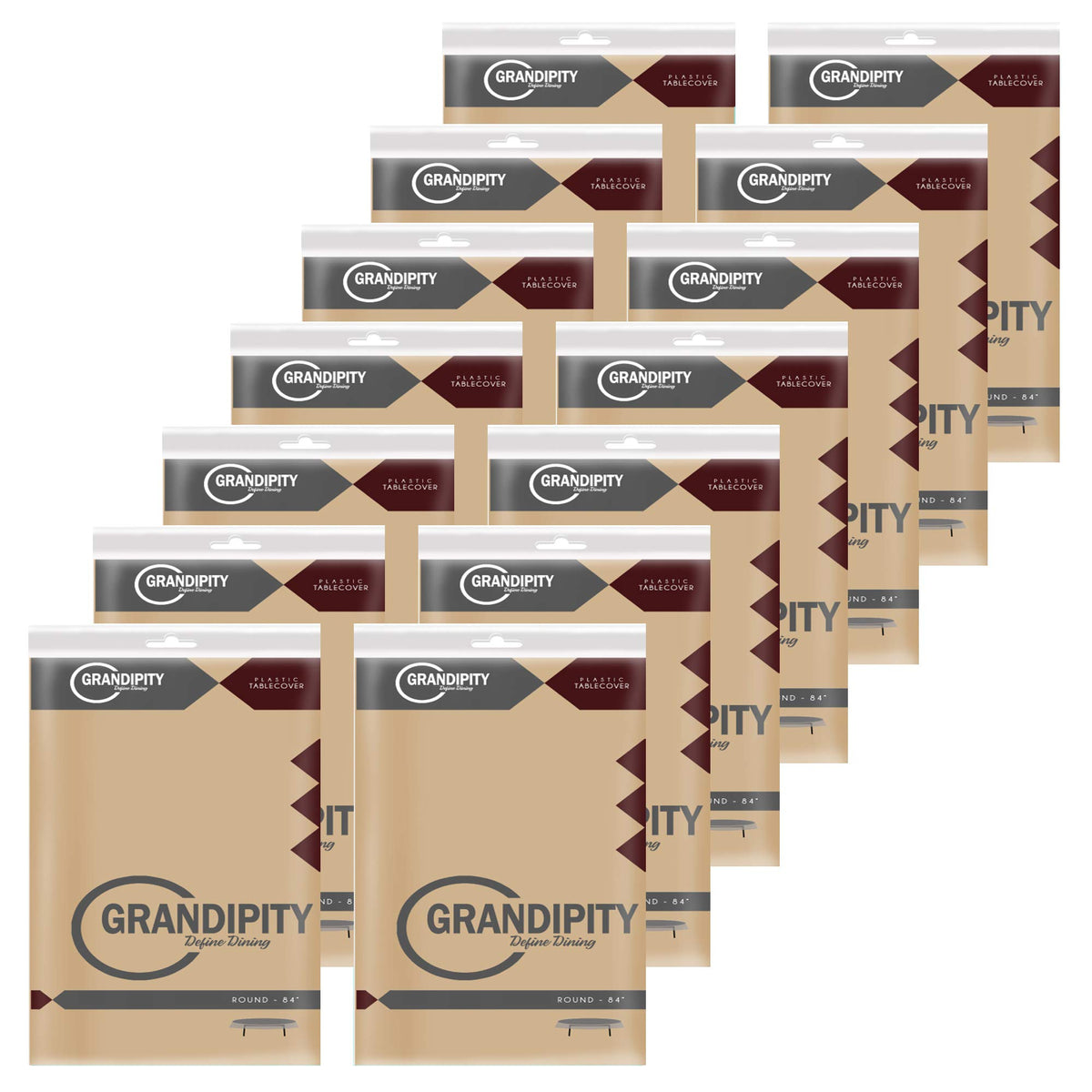 Grandipity packaging shows a neat set of 12 disposable tablecloths ready for use.