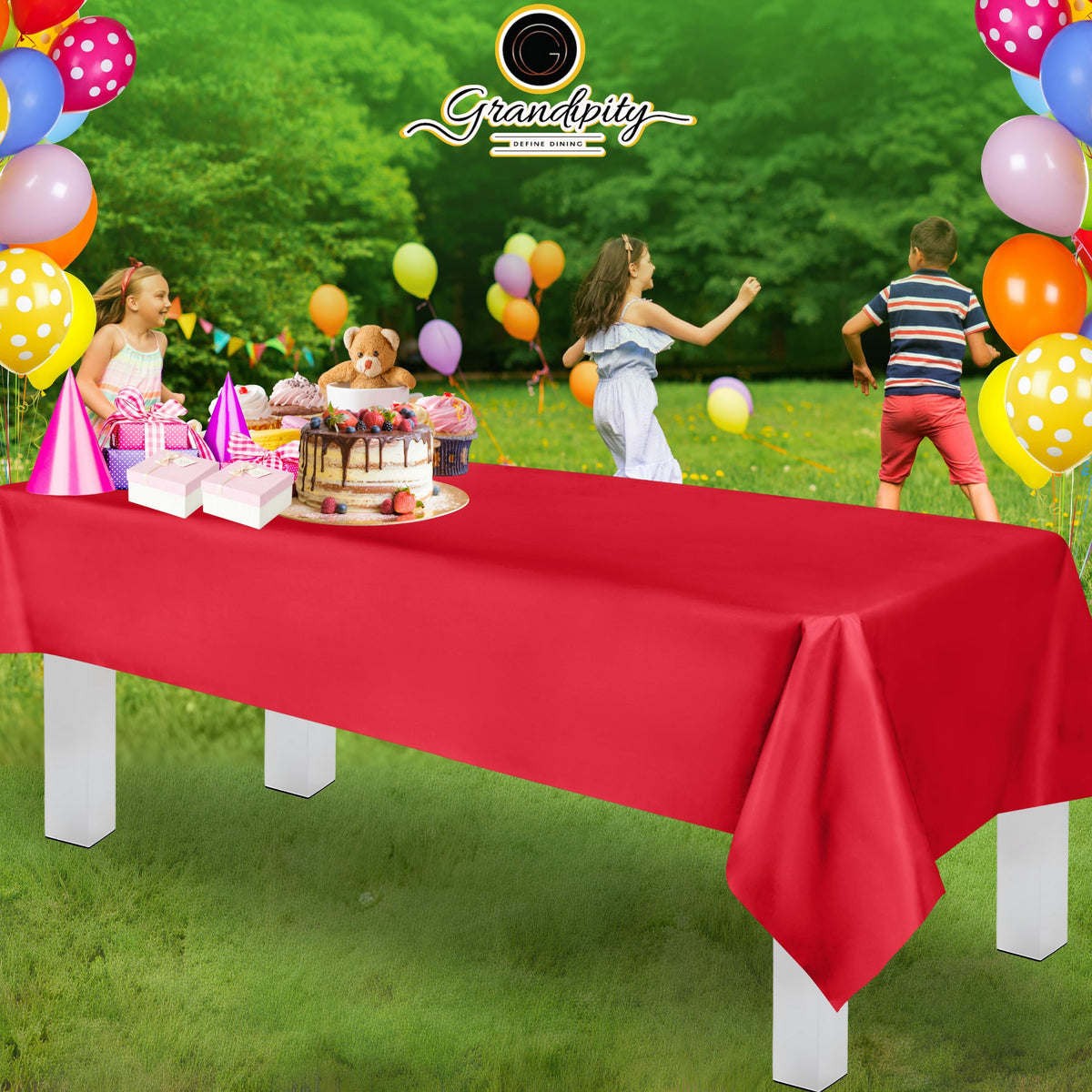 Grandipity red rectangle tablecloth used as protective layer.