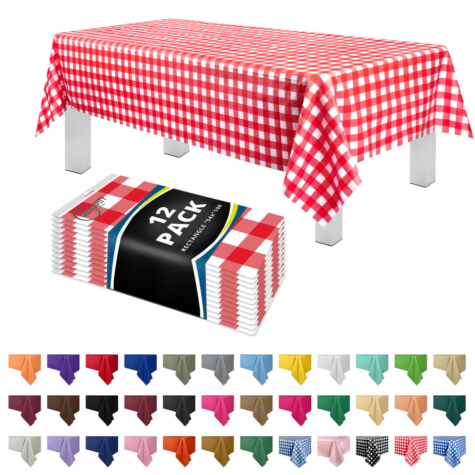 Grandipity red checkered gingham tablecloth protecting a 54 by 108 inch table