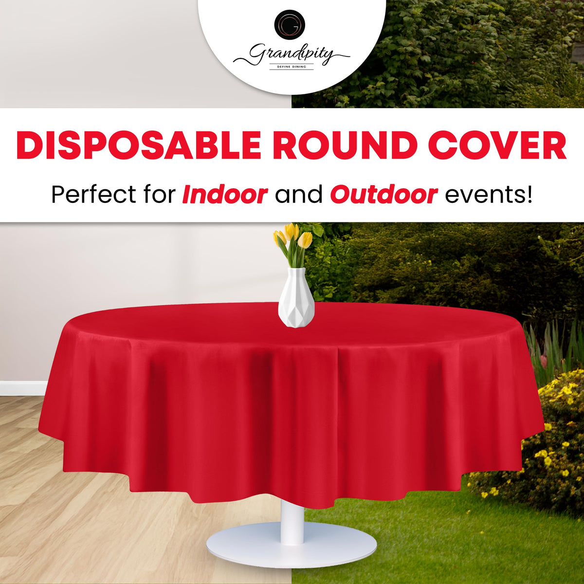 Grandipity red disposable table cover shields furniture and keeps tables tidy.