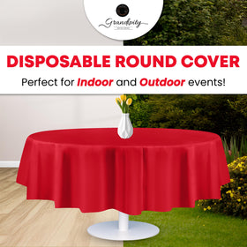 Grandipity red disposable table cover shields furniture and keeps tables tidy.
