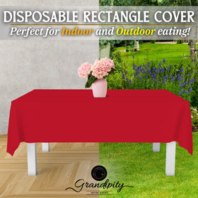 Outdoor setup with Grandipity red rectangle tablecloth.