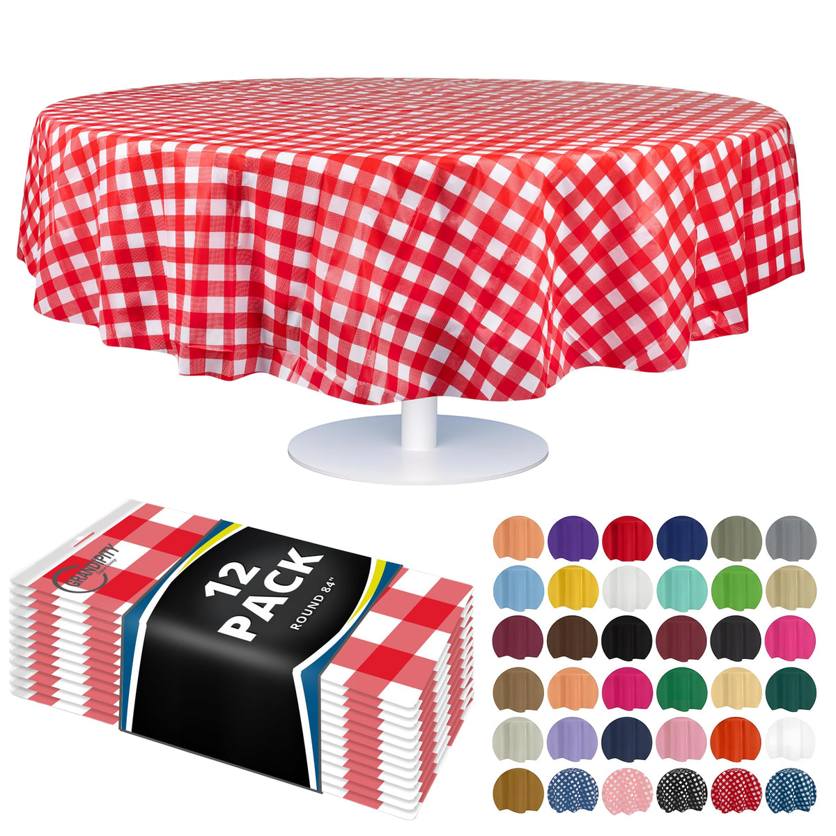 Grandipity round tablecloth 84-inch red checkered gingham closeup showing durable spill protection