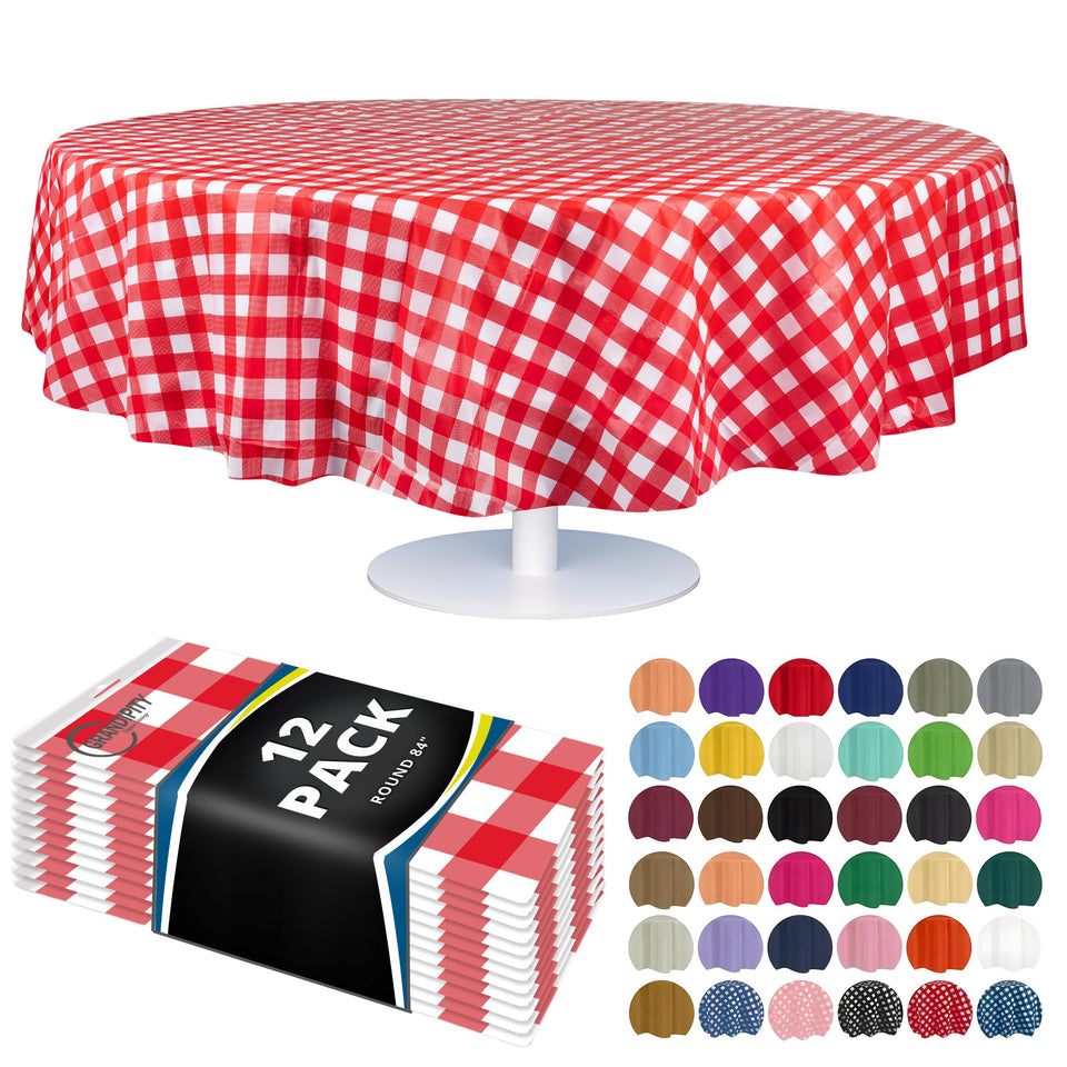 Grandipity round tablecloth 84-inch red checkered gingham closeup showing durable spill protection