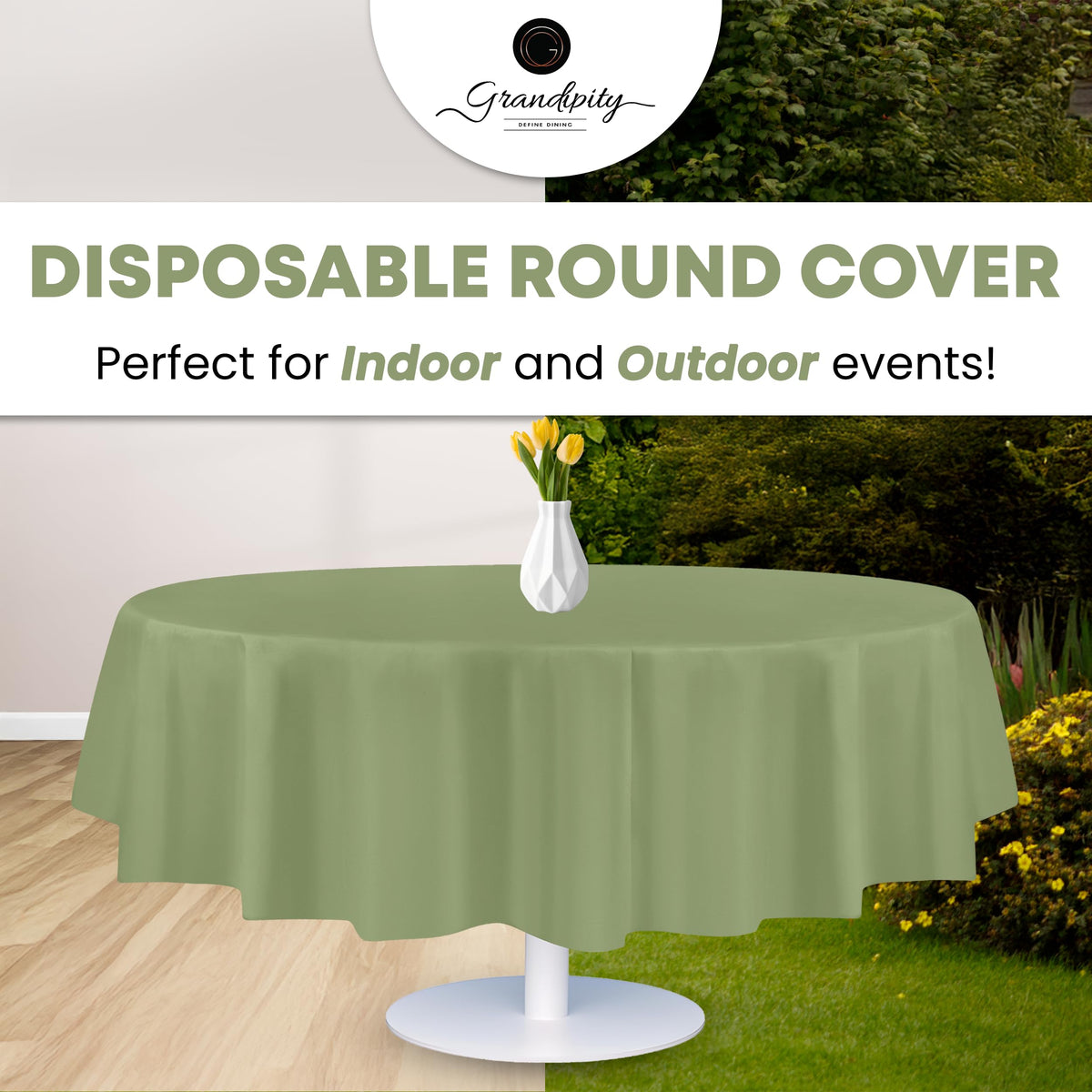 Grandipity round tablecloth available in sage green and other colors for themed events.