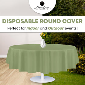 Grandipity round tablecloth available in sage green and other colors for themed events.