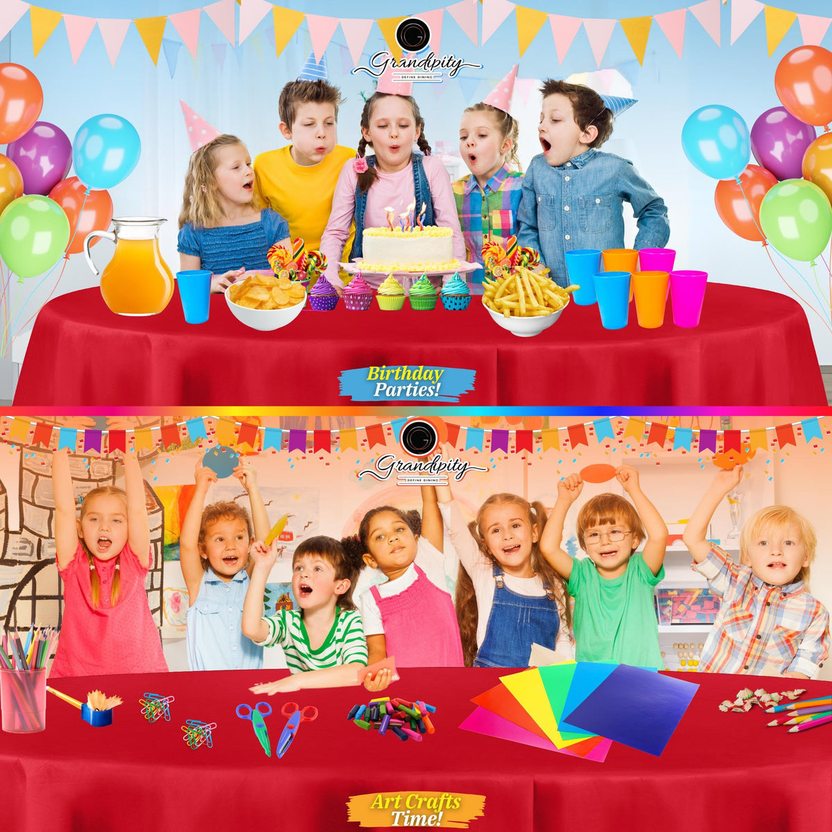Grandipity round disposable tablecloth suitable for indoor and outdoor celebrations.