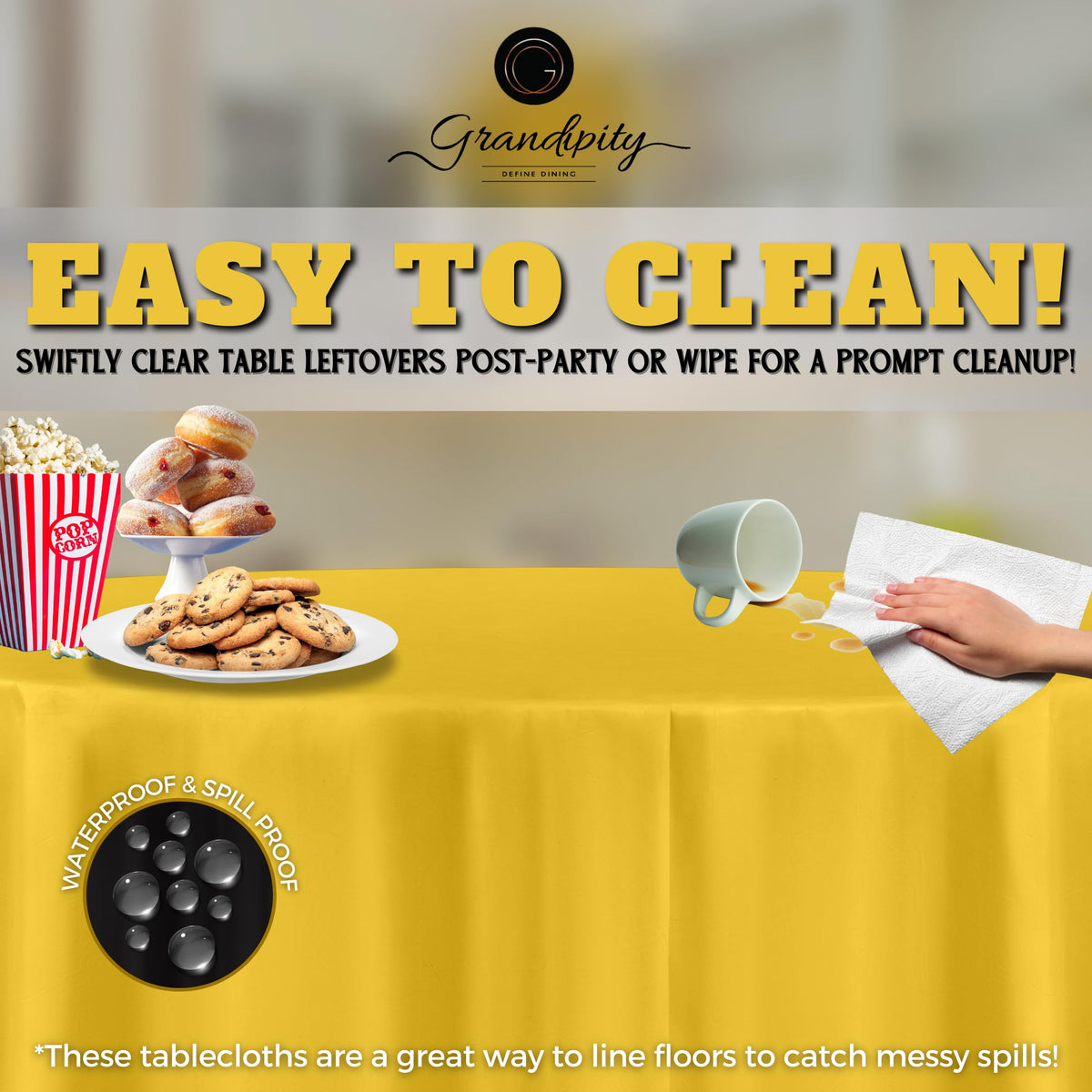 Grandipity tear-resistant yellow disposable tablecloth for mess containment