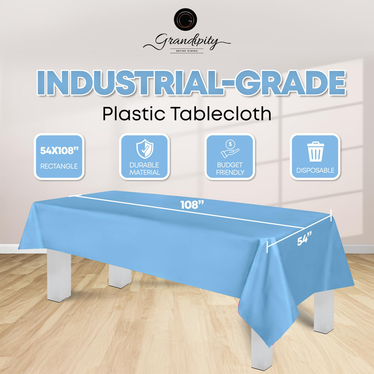 Grandipity sky-blue tablecloth spread on a long dining table