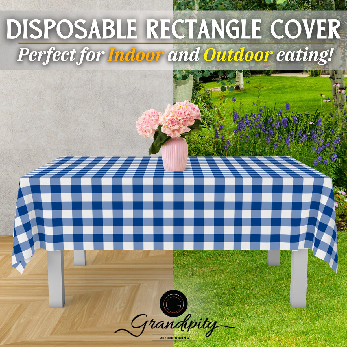 Grandipity blue gingham table cover fits up to 8 ft tables