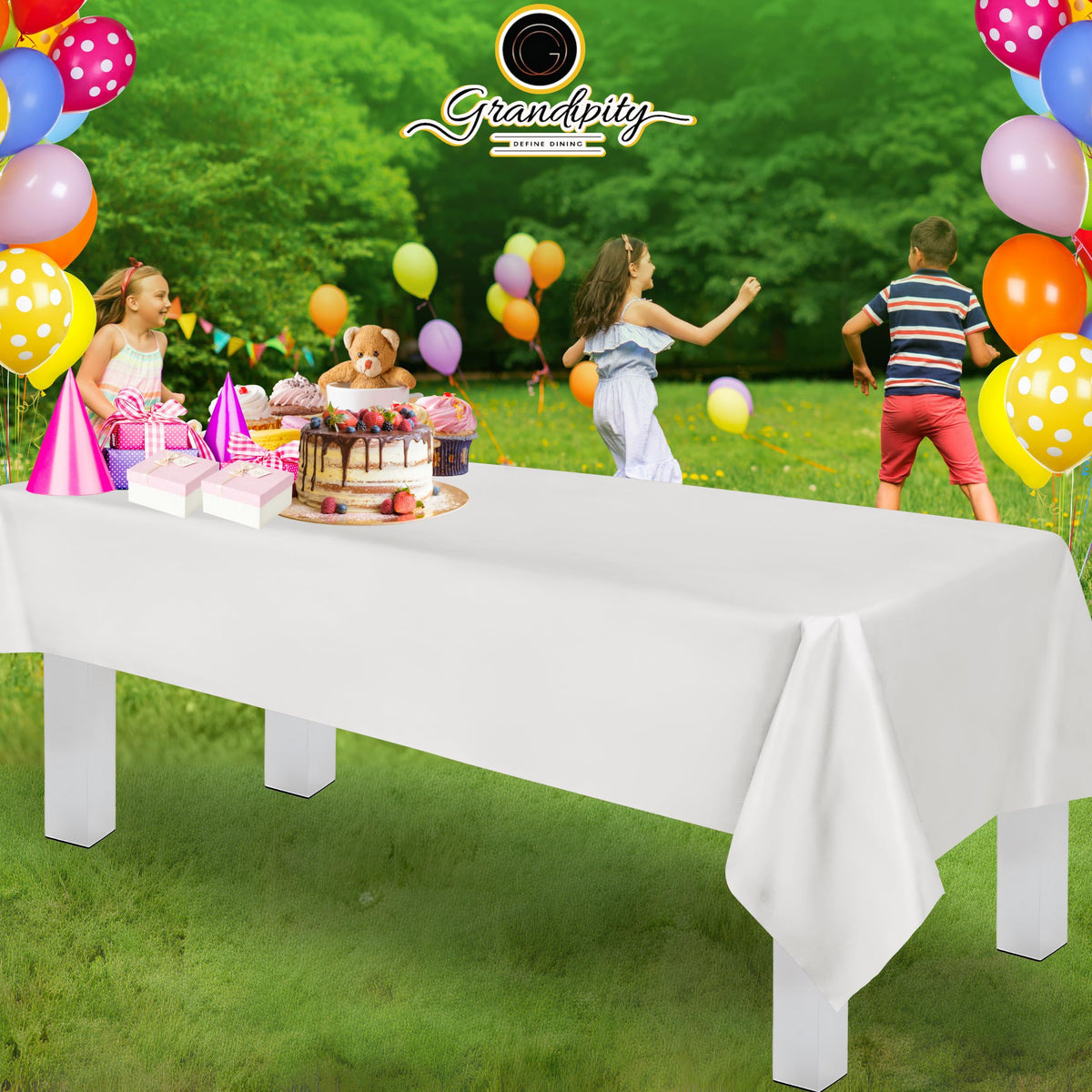 Grandipity tablecloth suitable for indoor and outdoor use at gatherings.