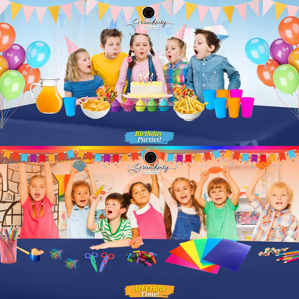 Grandipity navy tablecloth spills wipe away quickly for easy cleanup after meals