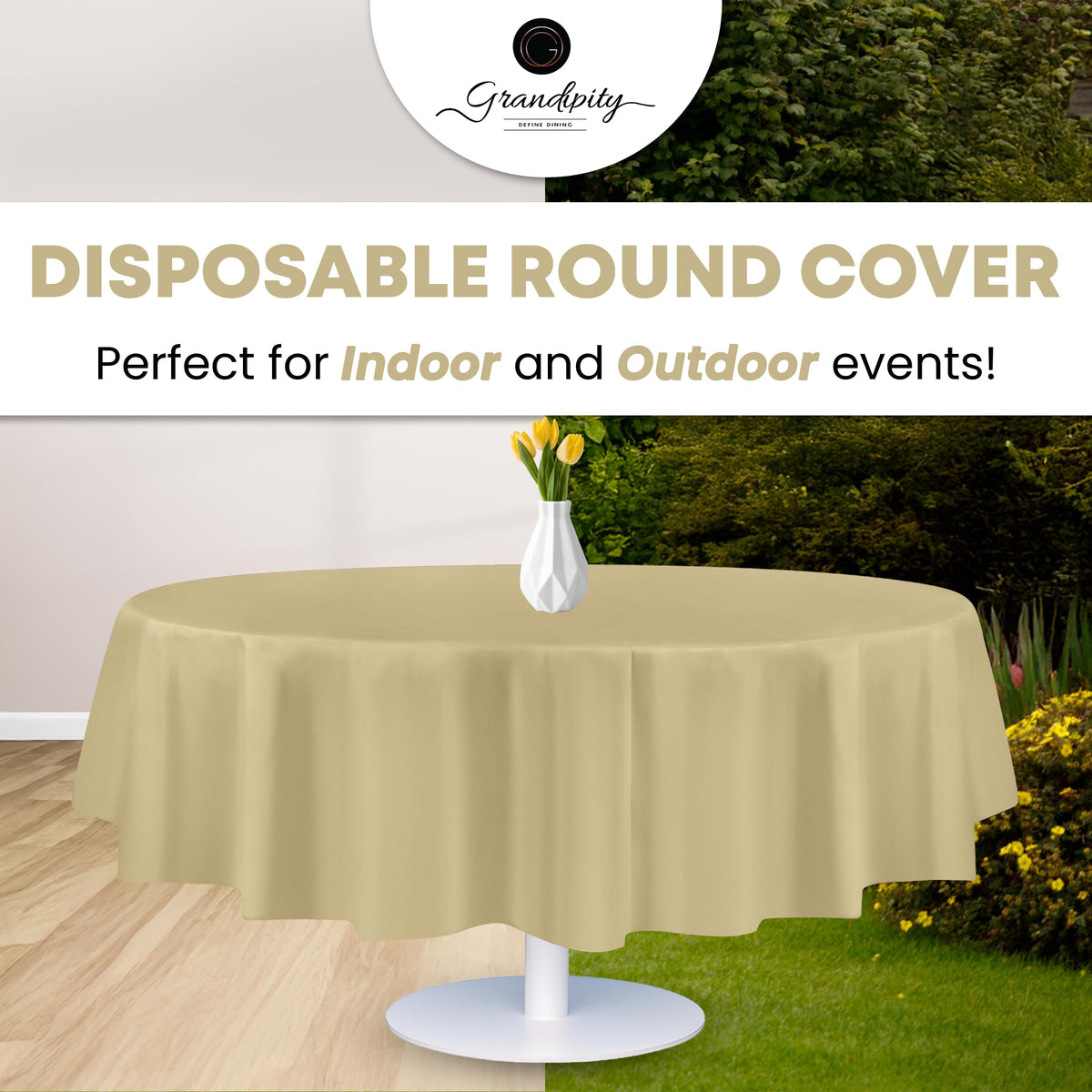 Grandipity round tablecloth tear and fade resistant for long-lasting party protection.