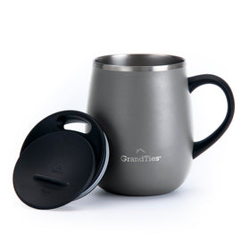 GRANDTIES insulated mug with handle highlights spill-free sliding lid for portable hot or cold drinks.