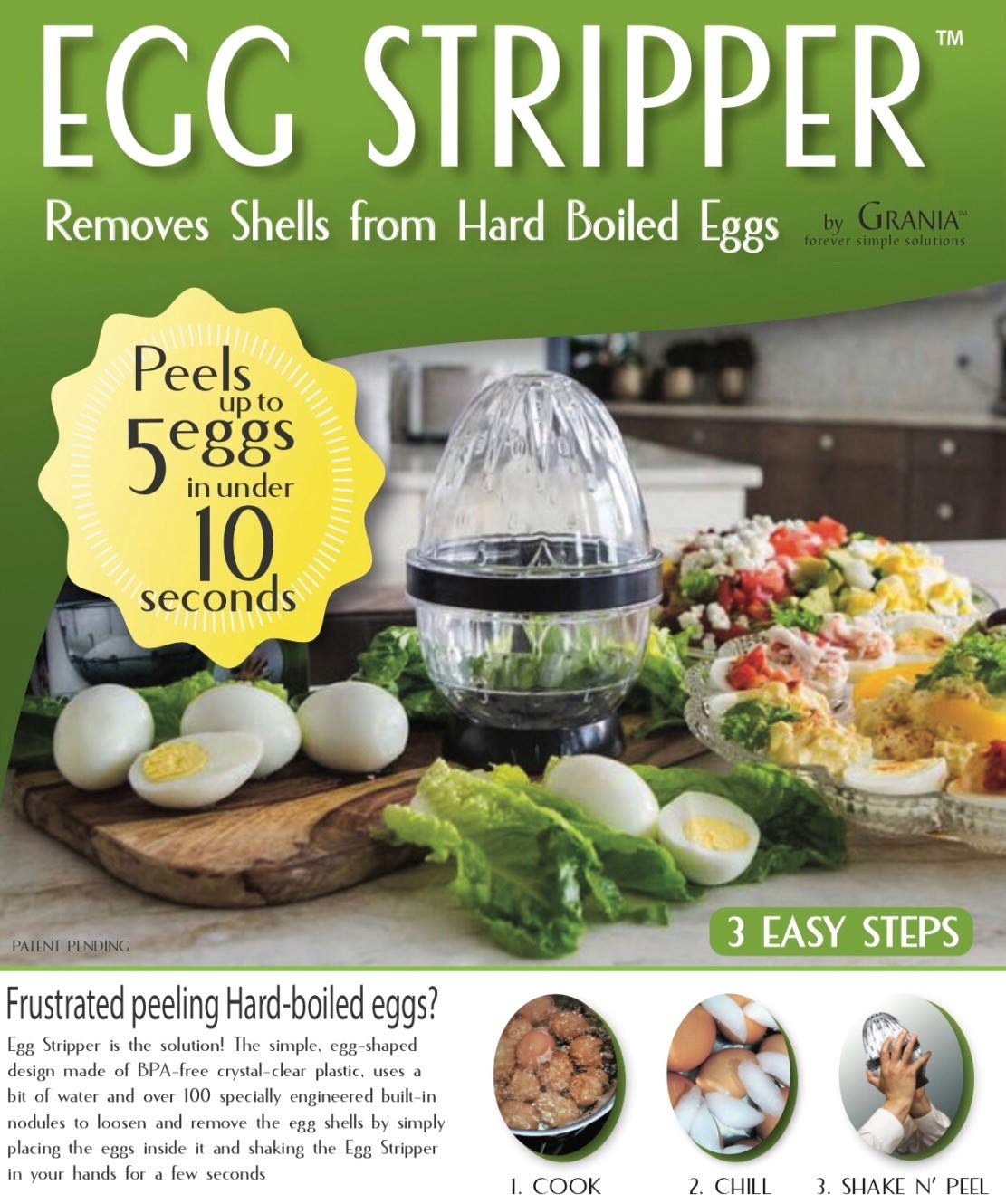 Grania EZ Egg Stripper Deluxe clear cylinder lets you monitor peeling progress.