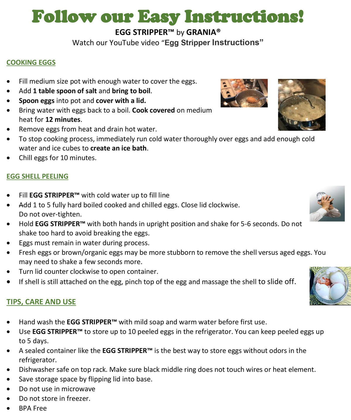 Grania EZ Egg Stripper Deluxe dishwasher-safe plastic enables easy cleanup after use.