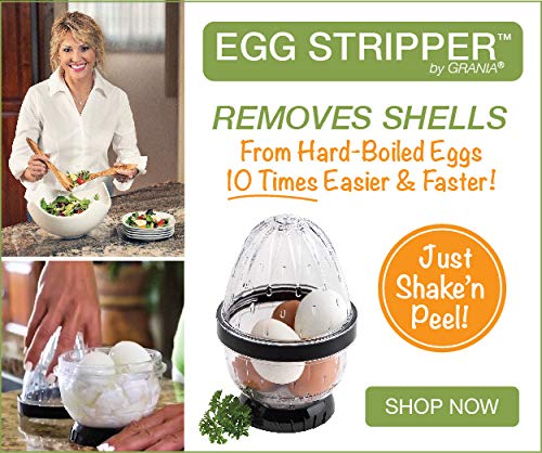 Grania EZ Egg Stripper Deluxe shell-removal action shown inside the clear cylinder.