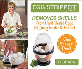 Grania EZ Egg Stripper Deluxe shell-removal action shown inside the clear cylinder.