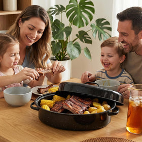 Granite Bowl carbon steel core for durable, reliable roasting performance.