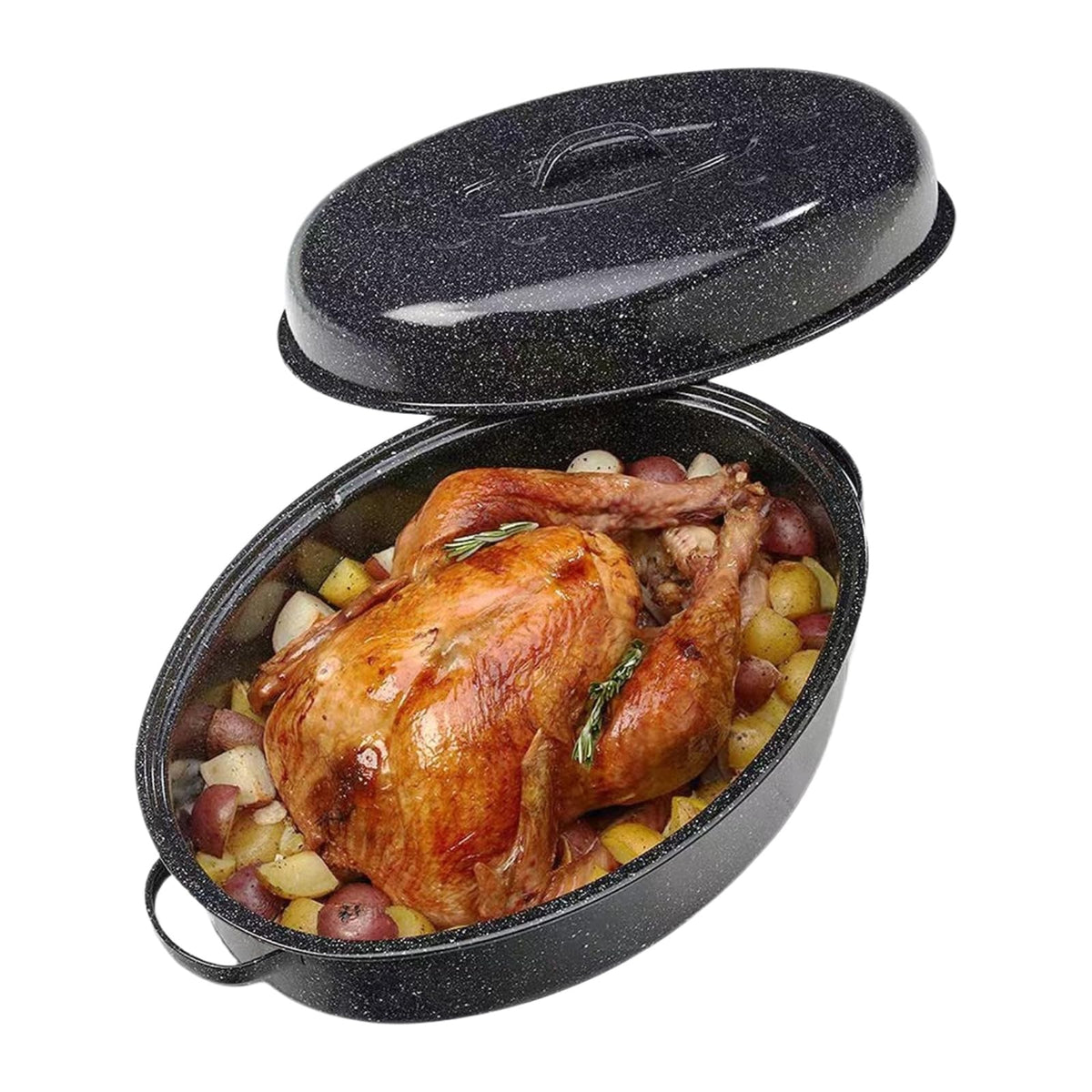 Granite Bowl turkey roaster with lid on for even cooking and moisture retention.