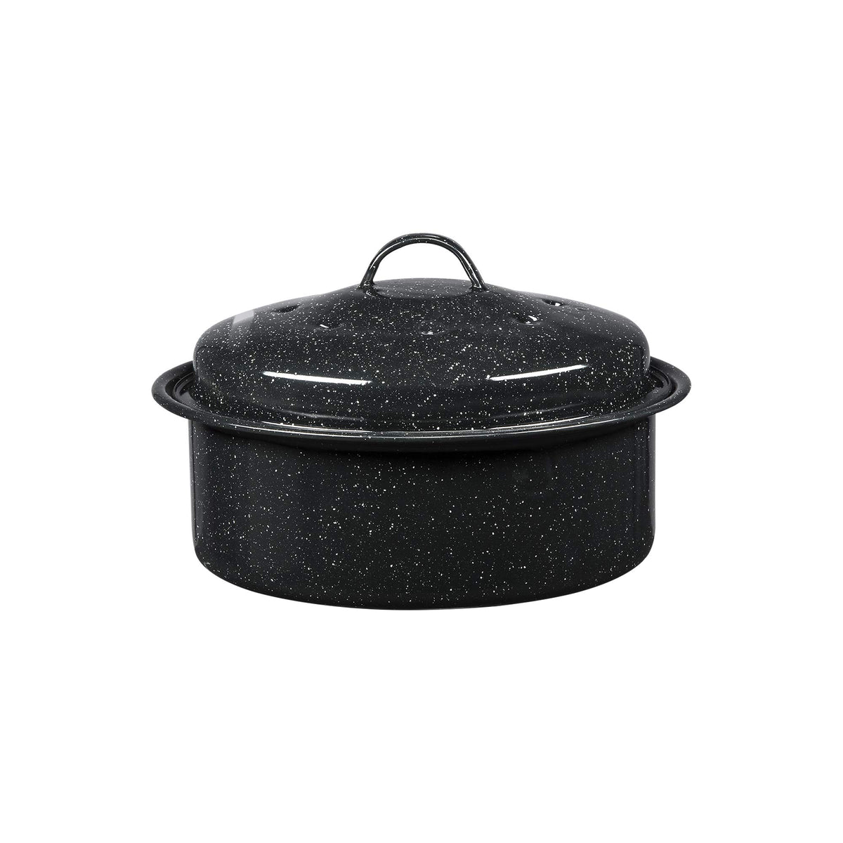 Granite Ware small round roaster with lid-on view for easy roasting.
