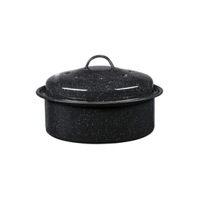 Granite Ware small round roaster with lid-on view for easy roasting.
