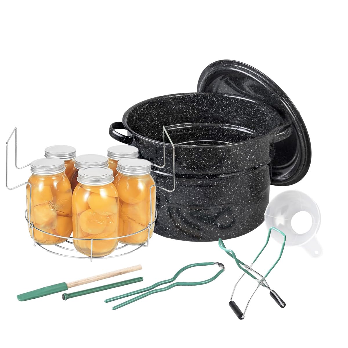 Granite Ware water bath canning pot with lid for even heat processing.