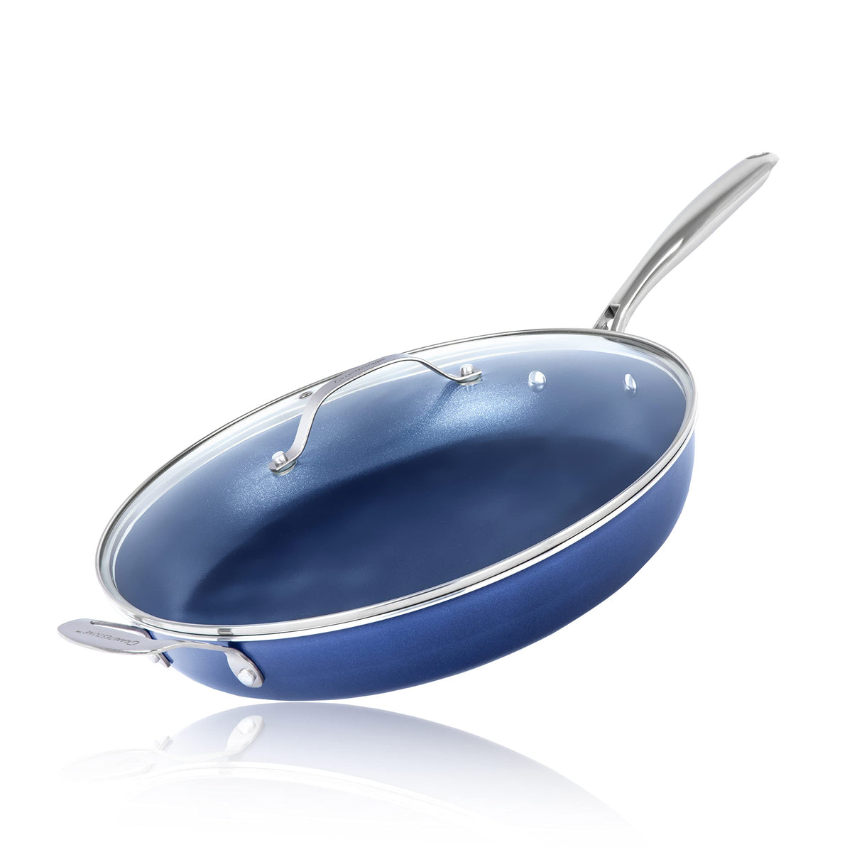 Granitestone 14-inch frying pan with lid in blue, ideal for large family meals.