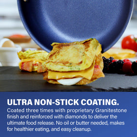 Granitestone blue classic frypan with diamond coating for easy food release.