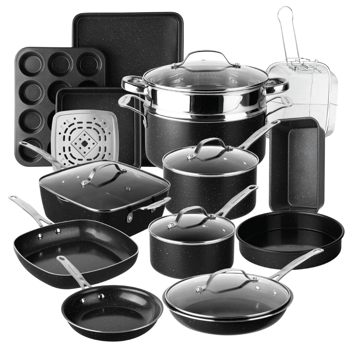 Granitestone Ceraluxe 20pc cookware box showing complete kitchen in a box for easy setup