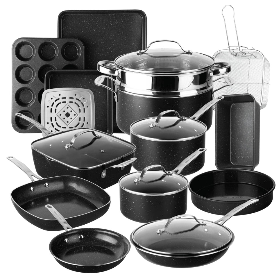 Granitestone Ceraluxe 20pc cookware box showing complete kitchen in a box for easy setup