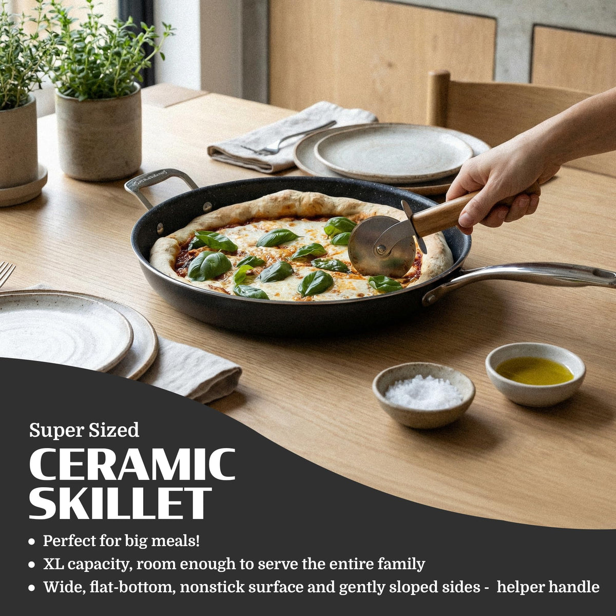 Granitestone Ceraluxe 14-inch frying pan ergonomic handle for confident flipping
