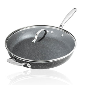 Granitestone Ceraluxe 14-inch frying pan front view showing a spacious cooking surface for family meals