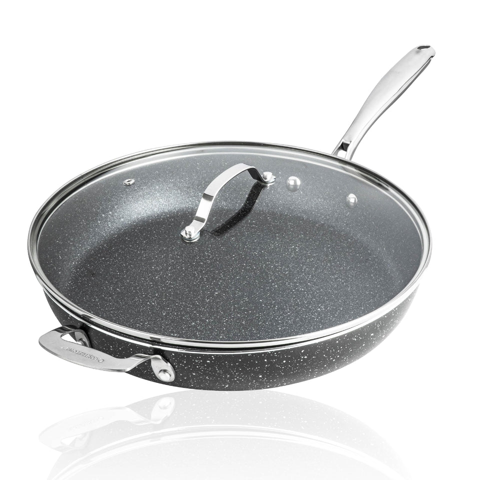 Granitestone Ceraluxe 14-inch frying pan front view showing a spacious cooking surface for family meals