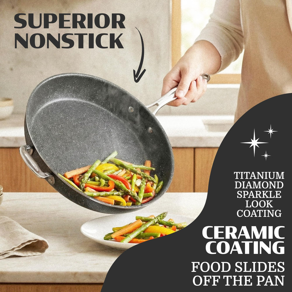 Granitestone Ceraluxe 14-inch frying pan with lid on, ready for use
