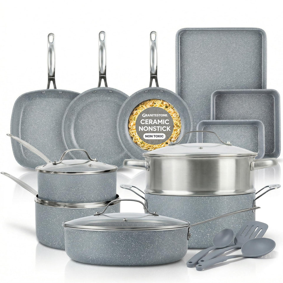 Granitestone Ceraluxe 20 piece cookware set in full kit with bakeware and utensils.