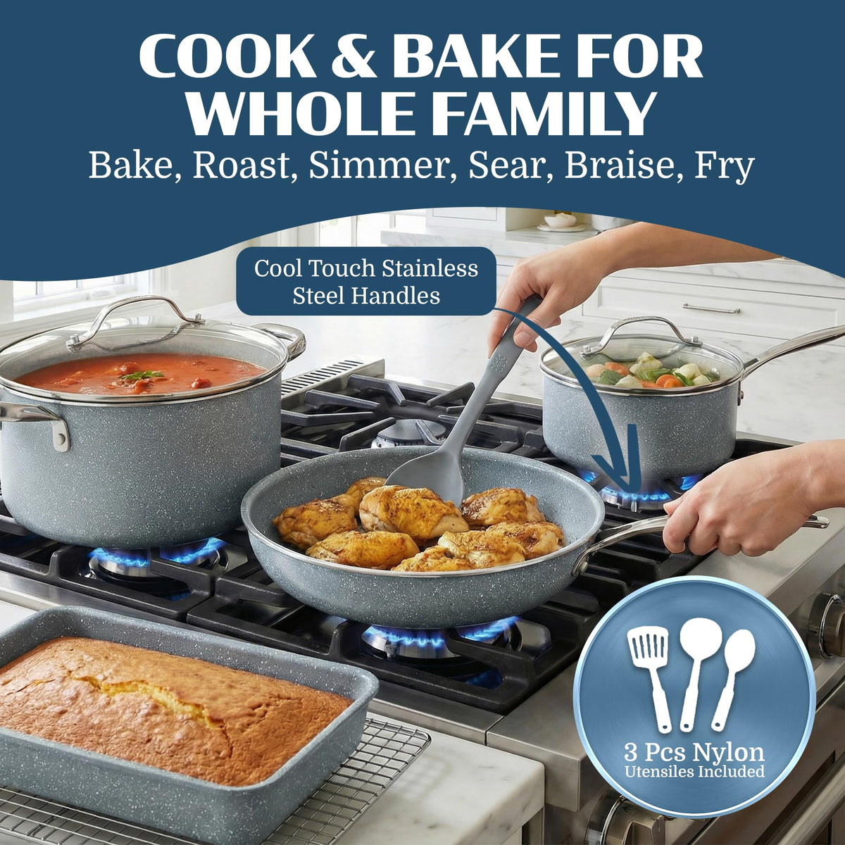 Granitestone Ceraluxe oven and dishwasher safe pans for easy maintenance.