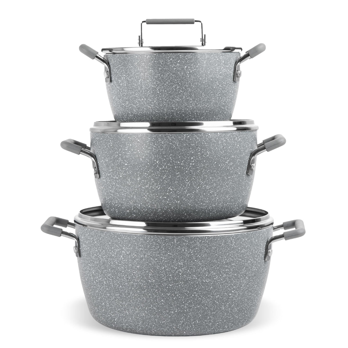 Granitestone gray pots and pans set viewed from above, showcasing compact nesting for storage.
