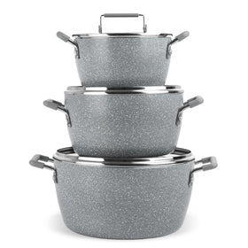 Granitestone gray pots and pans set viewed from above, showcasing compact nesting for storage.