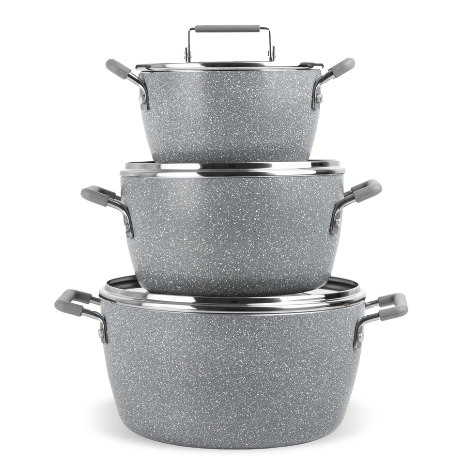 Granitestone gray pots and pans set viewed from above, showcasing compact nesting for storage.