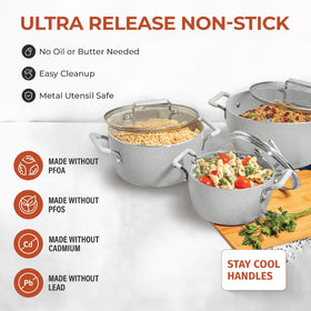 Granitestone nesting design with lids demonstrates space saving in a small kitchen.