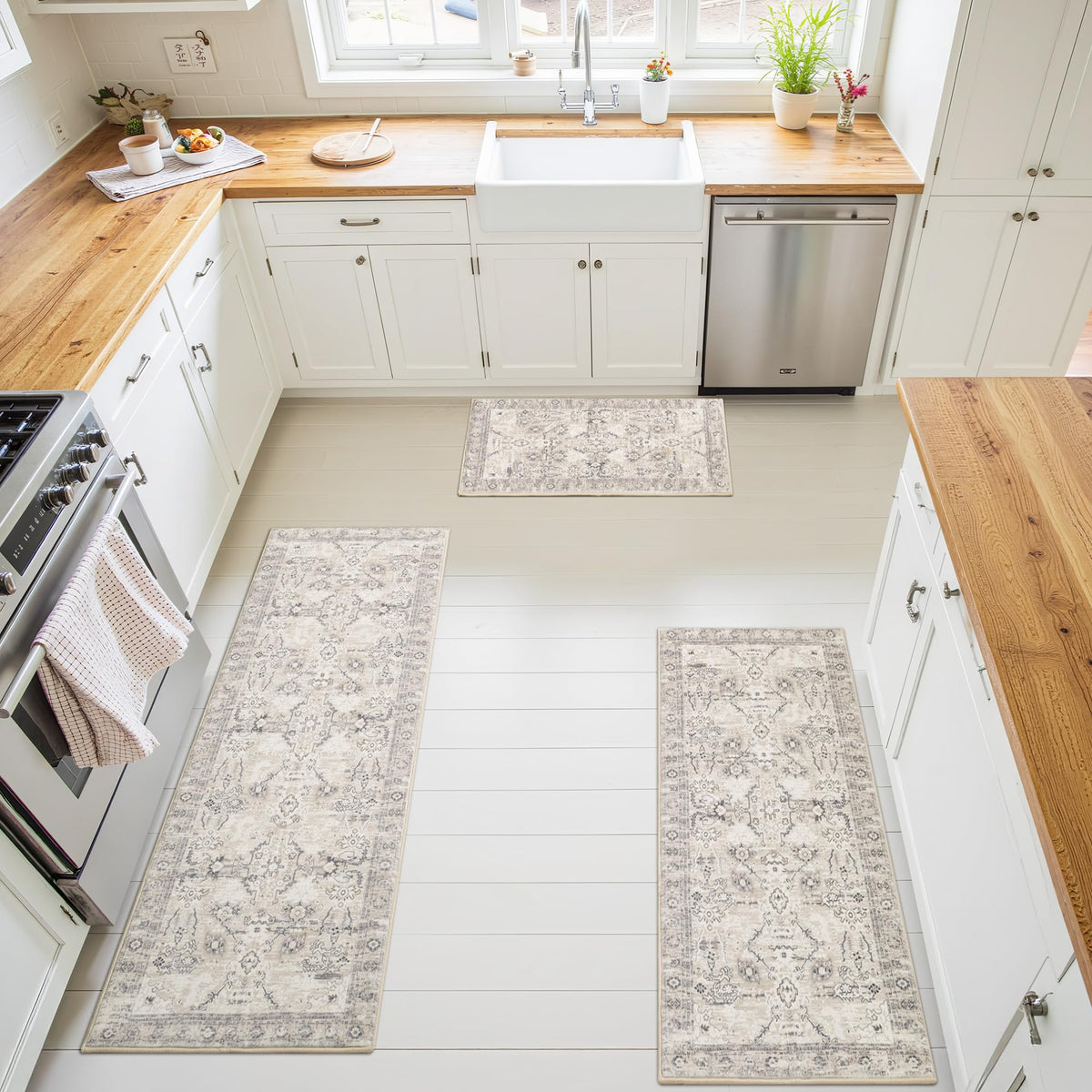 GRANNY SAYS Beige Boho kitchen rug adds warmth to hallways.