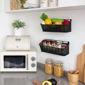 GRANNY SAYS wicker hanging basket in pantry with wall mounting options.