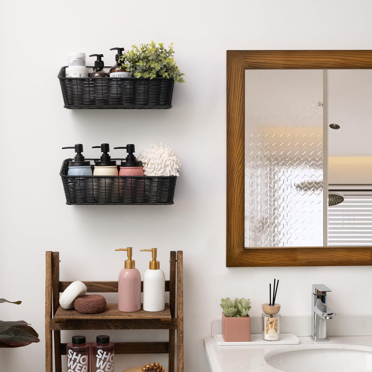 GRANNY SAYS two-pack hanging baskets offer flexible kitchen and bath storage.