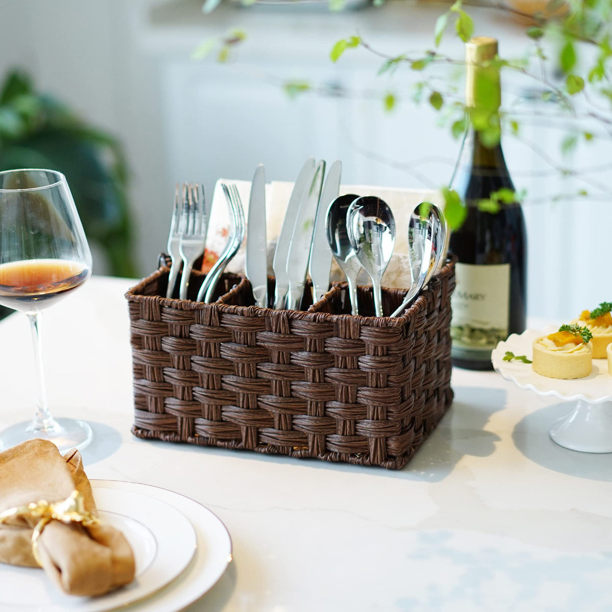 GRANNY SAYS wicker utensil holder side view with handle for easy transport