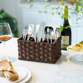 GRANNY SAYS wicker utensil holder side view with handle for easy transport