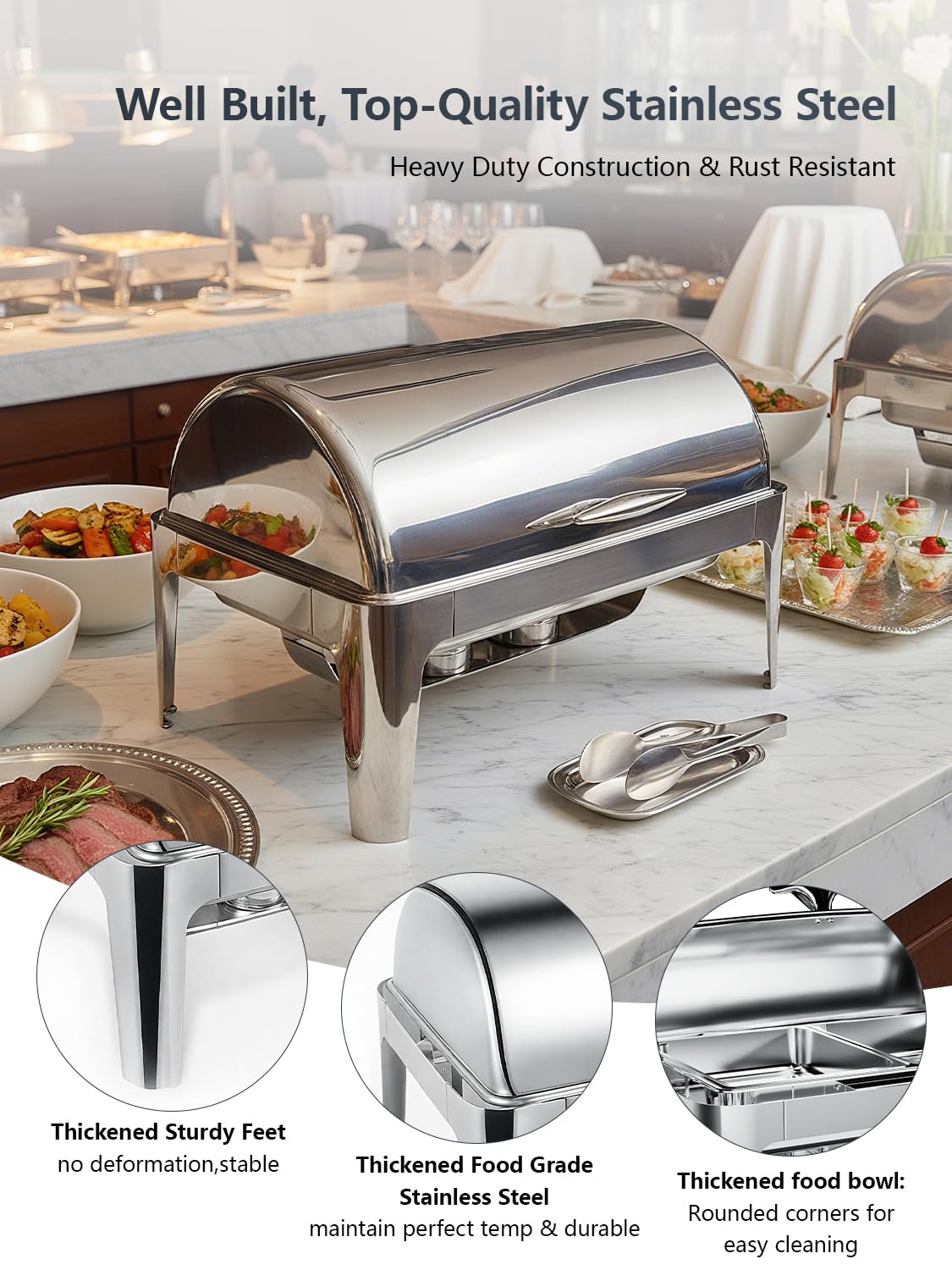 Granvell 13QT roll-top chafing dish half-size pan two for options.