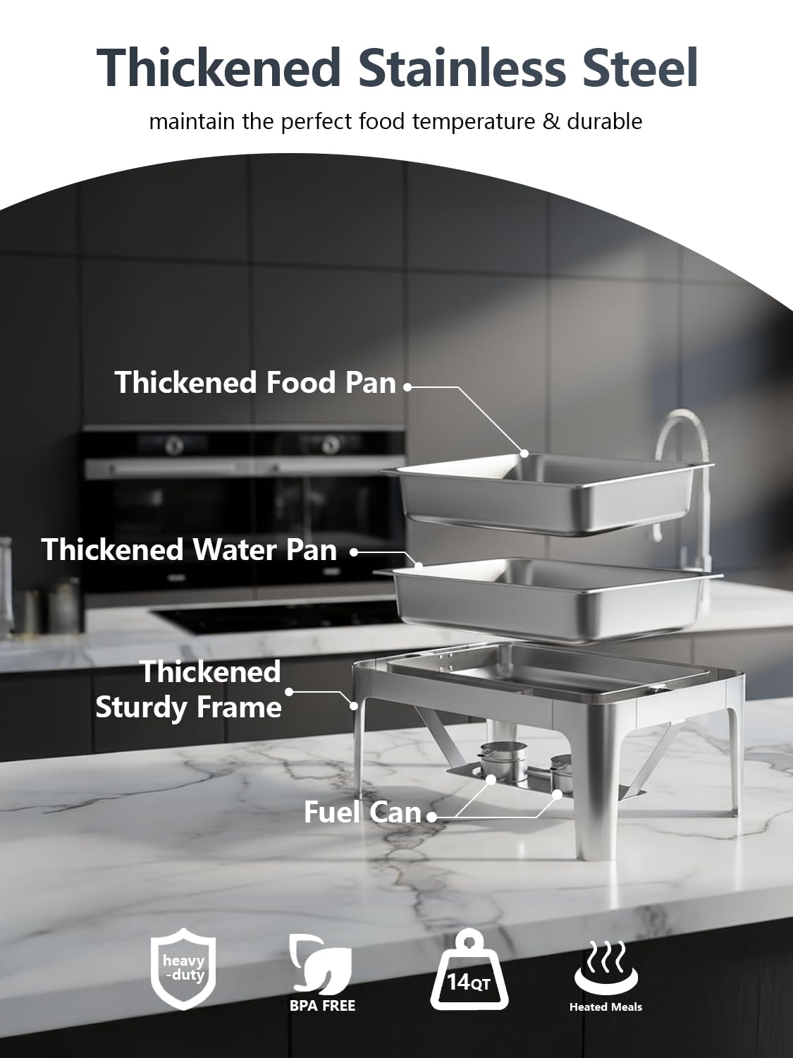Granvell 13QT roll-top chafing dish presentation enhances buffet aesthetics.